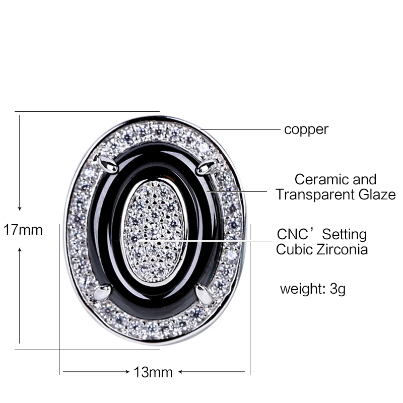 Egg Shape U Shaped Stud Earrings Big Carat Rings Jewelry Set Black White Ceramic Jewelry Set Wedding For Women Size 6-9