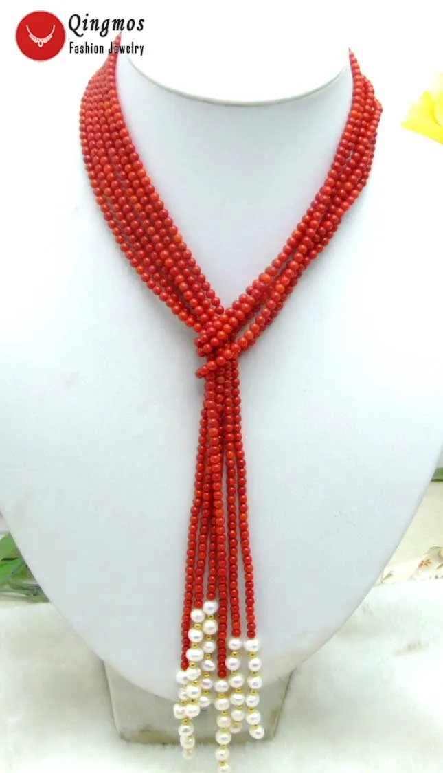 Qingmos 45'' Natural Coral Shawl Long Necklace for Women with 3 Strands 4mm Red Coral & White Pearl Necklace Jewelry Free Ship