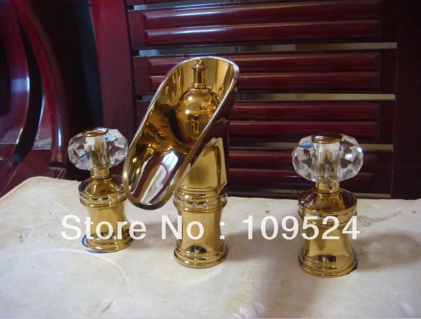 

EMS(DHL)Free shipping PVD GOLD WIDESPREAD LAVATORY BATHROOM SINK FAUCET crystal handles knobs faucet