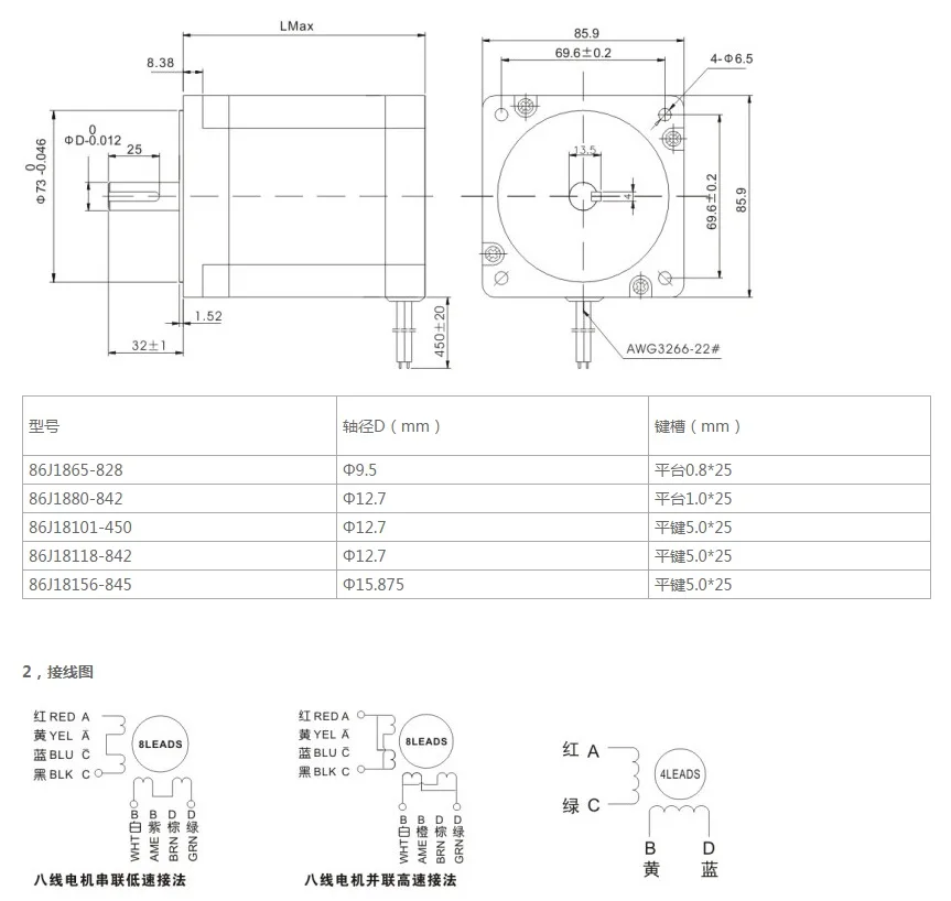 Nema 34 2phase 6.0N.m 850ozf.in stepper Motor 86mm frame 12.7mm shaft 86J18101-450 JMC