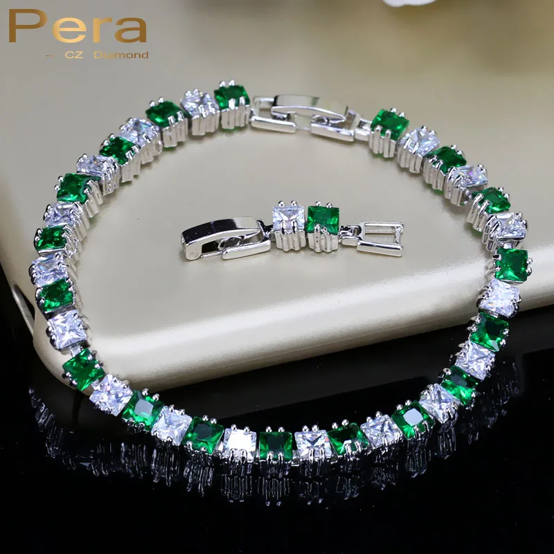 Pera High Quality AAA+ Cubic Zirconia Green Silver Color Big Square Shape Chain Bracelet for Women Prom Jewelry Accessories B047