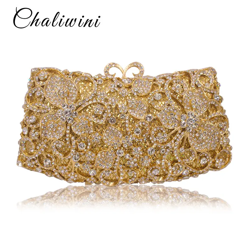 

Flap Flower Metal Sparkling Gold Women Crystal Clutch Evening Bags Bridal Diamond Clutch Purse Wedding Party Minaudiere Handbag