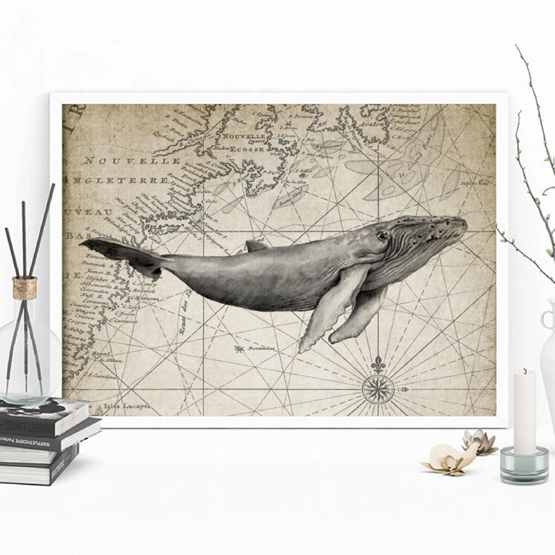 Humpback Whale Print Whale Illustration Vintage Poster Marine Decor Nautical Art Canvas Painting Picture Home Wall Art Decor