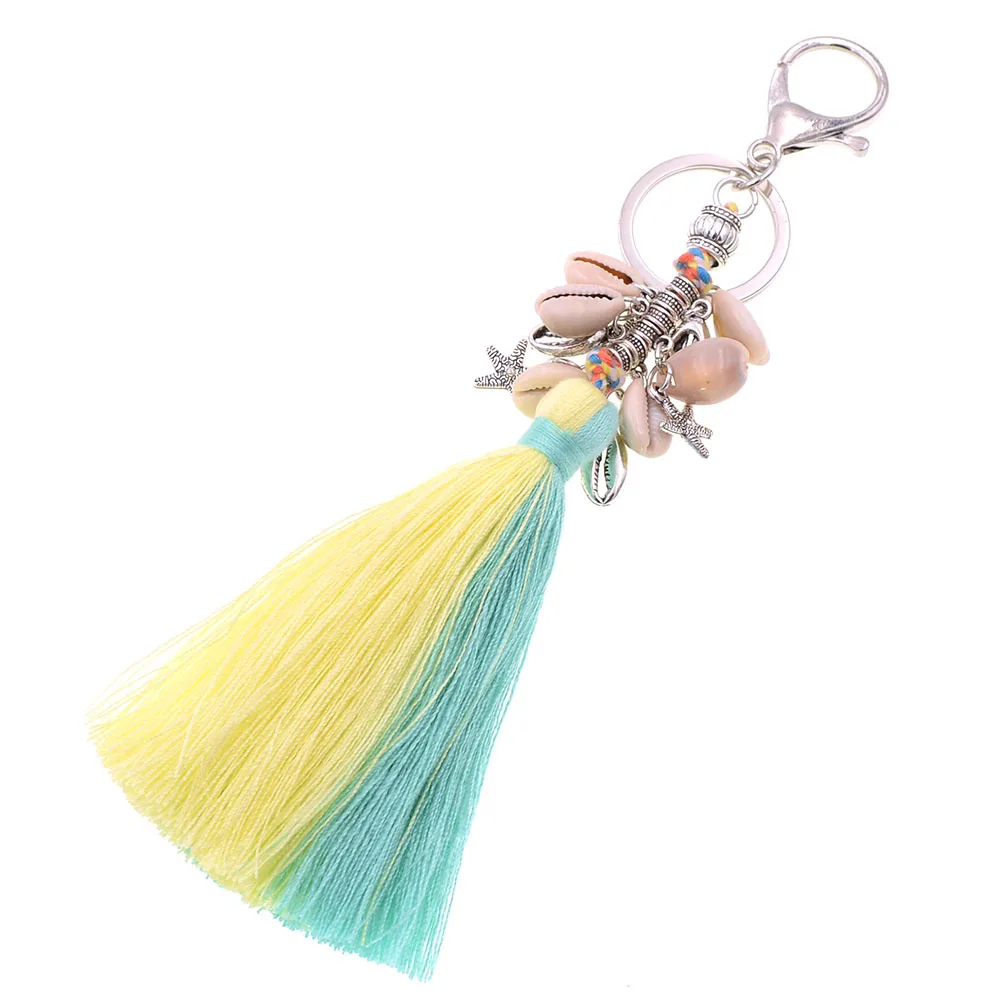 WELLMORE handmade bohemia shell with long tassel alloy Key Chain For Women Girl Bag Keychain