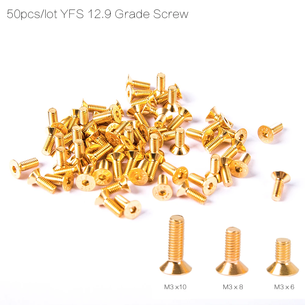 50pcs Gold YFS 12.9 Grade M3 screw M3x6 M3x8 M3x10 M3x12 6mm 8mm Hexagon Socket Head Cap Screw Countersunk Bolt For FPV RC Mode