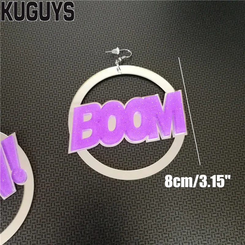 KUGUYS Pow Boom Round Earrings for Women Acrylic Jewelry Letter HipHop Punk Rock Drop Ear Accessories