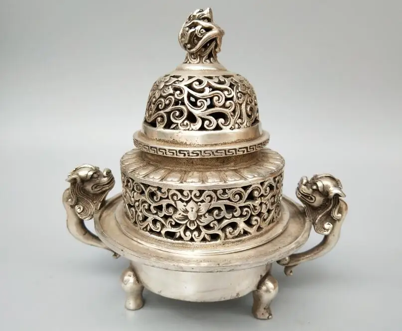 

China collection white copper God beast dragon incense burner