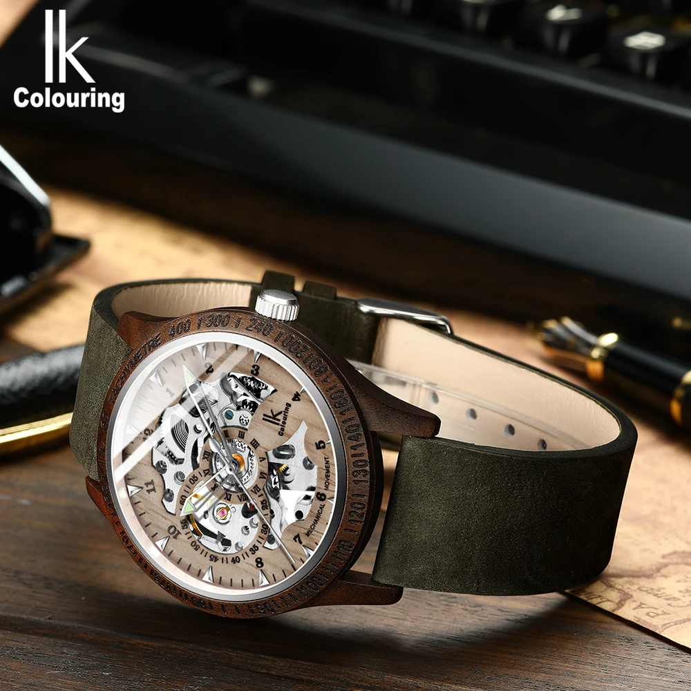 Orologi automatici scheletro da uomo di marca creativa di moda orologio da polso in legno con cinturino in pelle di cavallo pazzo con cassa in legno