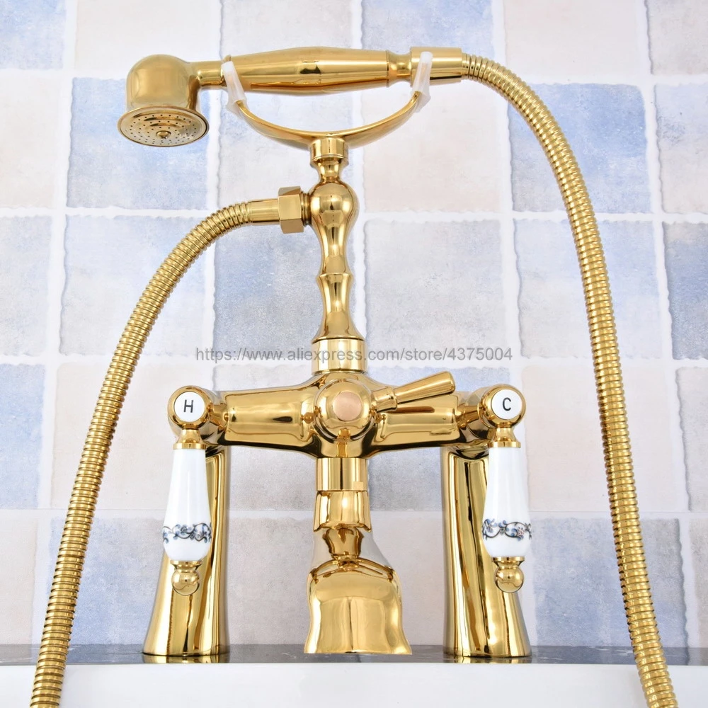 

Bathtub Faucet Gold Color Brass Deck Mounted Bathroom Tub Faucet Dual Handle W/ Hand Shower Sprayer Tub Mixer Tap Ntf780