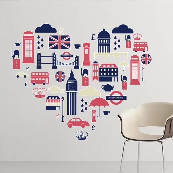 Love Heart Tower UK Hamburger England Landmark Illustration Pattern Removable Wall Sticker City Buildings Art Decals Wallpaper