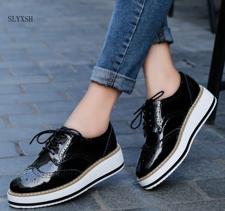 New Genuine Leather Women Flat Platform Shoes Lace Up Brogue Creepeers For Female Oxford Shoes Casual Ladies Spring Footwear