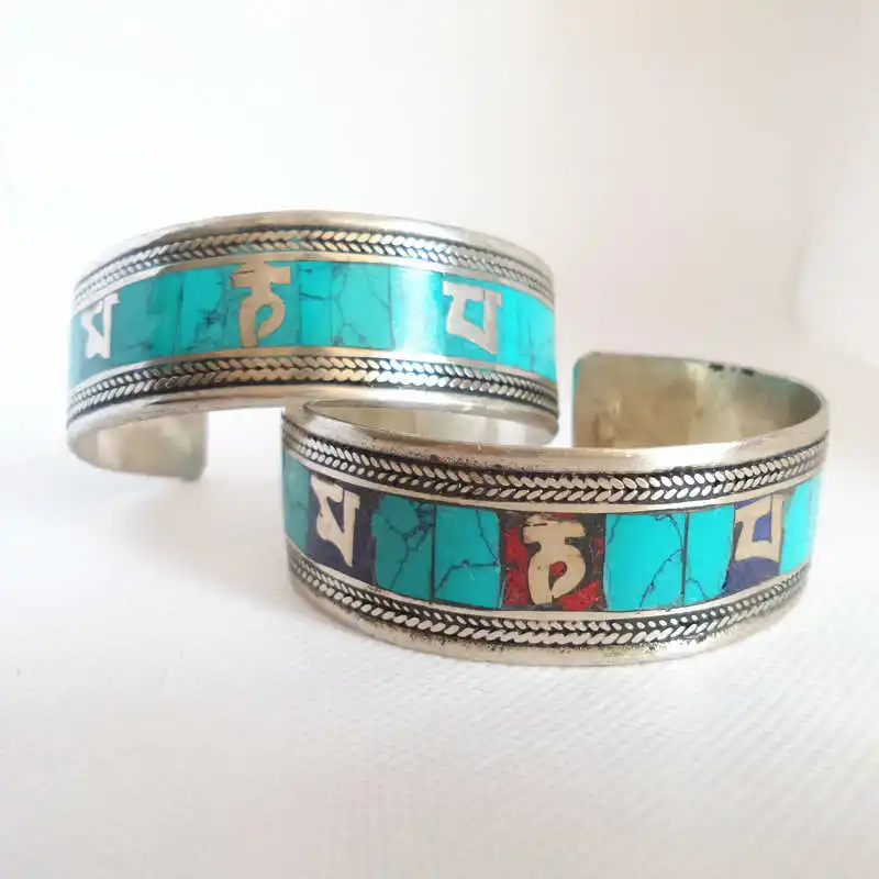 BB-282 Tibetan Six Words Mantras Open Cuff Bangles White Metal Copper Inlay Colorful Stone Open Cuff