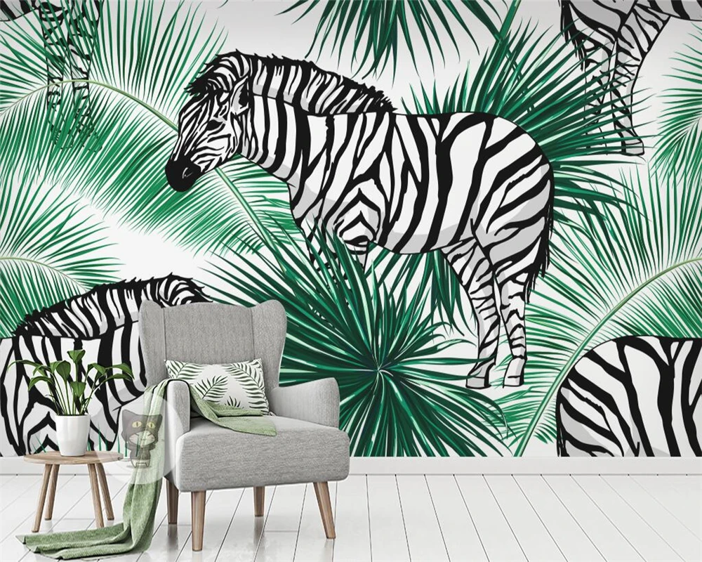 Beibehang Custom wallpaper fresh green leaf zebra rainforest background murals living room bedroom TV background 3d wallpaper