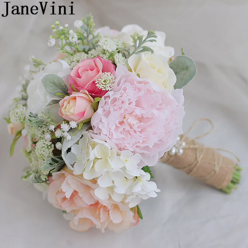 

JaneVini Countryside Artificial Wedding Bouquets Bridal Flower Bouquet Brides Silk Peony Holding Flower Bouquet Ramo Quinceañera