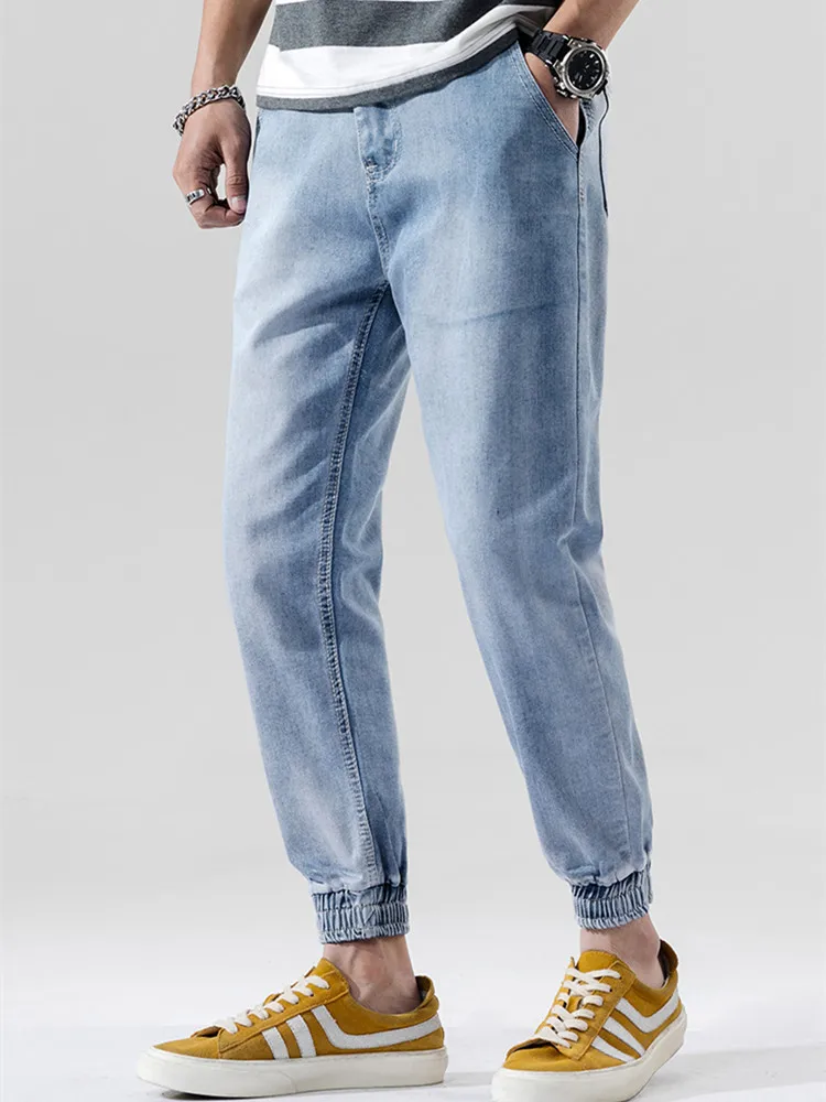 

EL BARCO Summer Cotton Casual Denim Jeans Men Blue Soft Slim Male Pencil Pants Pockets Cowboy Ankle-Length Trousers Size 28-40