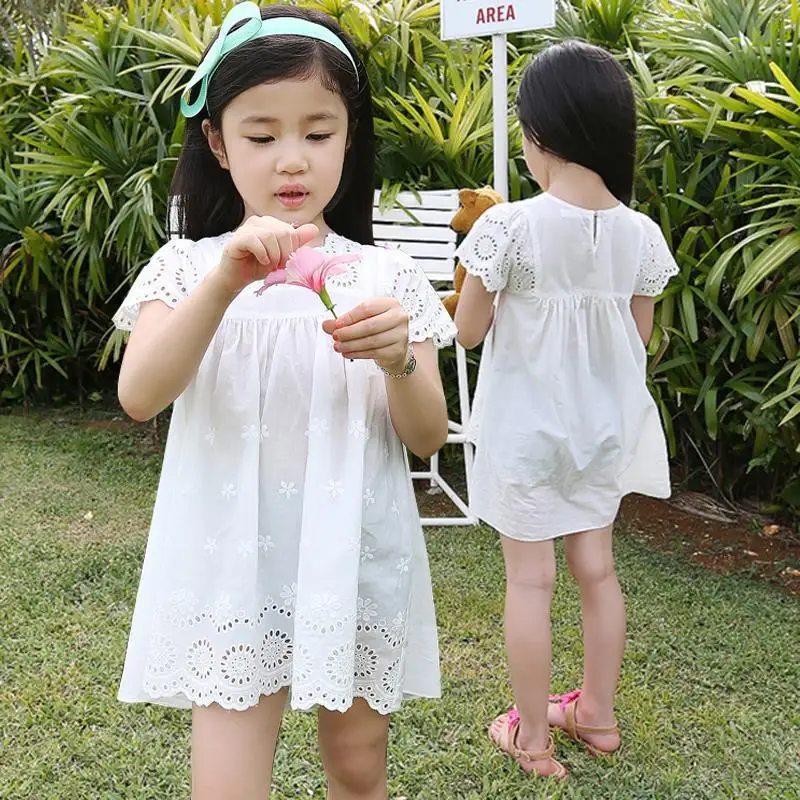 2020 New Summer Girls Cotton Lace Embroidered Dress Kids Clothes White Lace Princess Dress Cute Mini Dress for Age 3 4 6 8 10