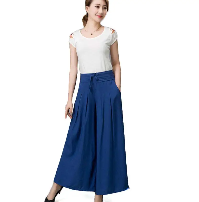 2016 New Spring Summer elastic waist national cotton wide leg pants culottes plus size casual trousers BL1477