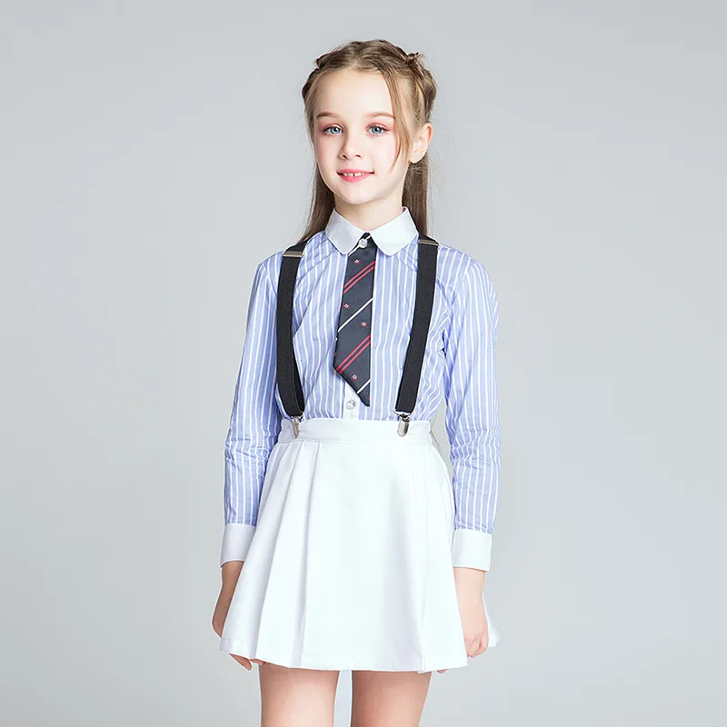 School Striped Shirt+Skirt Girls Clothes Set School Chorus Stage Uniform Girls Clothes For 4 6 8 10 12 14 16 Years Old RKS185001