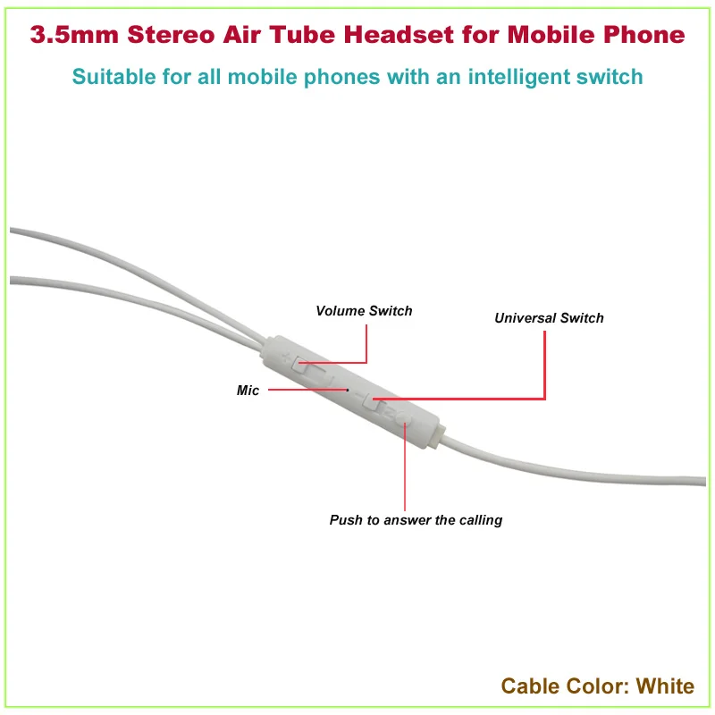 Лидер продаж, бесплатная доставка, универсальная стереогарнитура с воздушной трубкой 3,5 мм для всех мобильных телефонов (цвет белый)