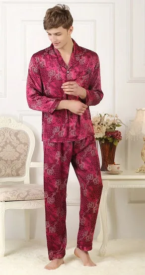 100%, silk silk pajamas set, men\'s silk home wear, long sleeve trousers, gold printing big size, loose burst 2