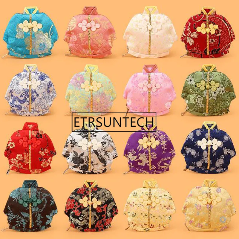 200pcs Vintage Chinese Clothes Shaped Small Silk Bag Zipper Coin Purse Jewelry Gift Pouches Party Favor 13x12cm