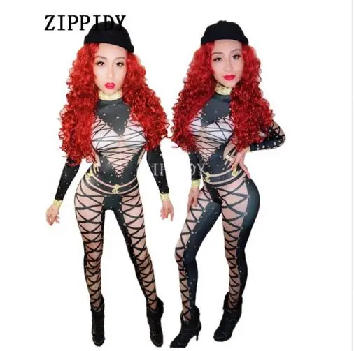 Fashion Black Red Sexy Bandage Printed Jumpsuit Female Singer Dancer Costume  Stretch Bodysuit  Performance Dance Wear