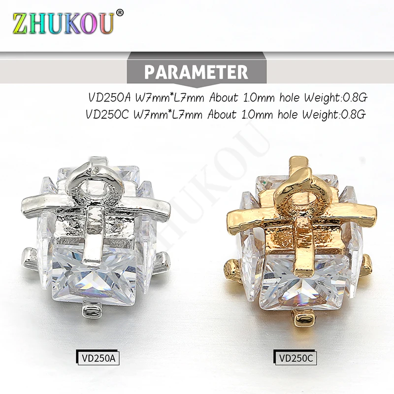 7*7mm Brass Cubic Zirconia Charms Pendants Links, Mixed Color, Hole: 1mm, Model: VD250