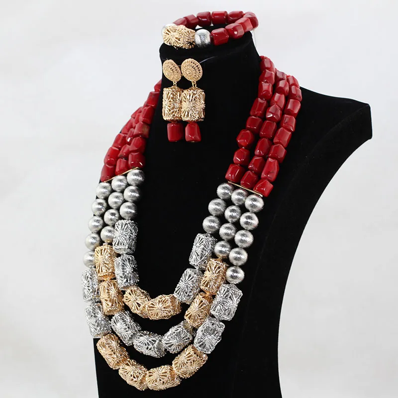 African Fashion Red Coral Jewelry Set African Wedding Mix Silver Gold Accessory Coral Beads Bridal Necklace Jewelry Sets ABH575