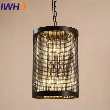 IWHD Crystal Cage Loft Industrial Pendant Lamp led American Style 6 Heads Retro Iron Black Pendant Lights Home Lighting Stairs