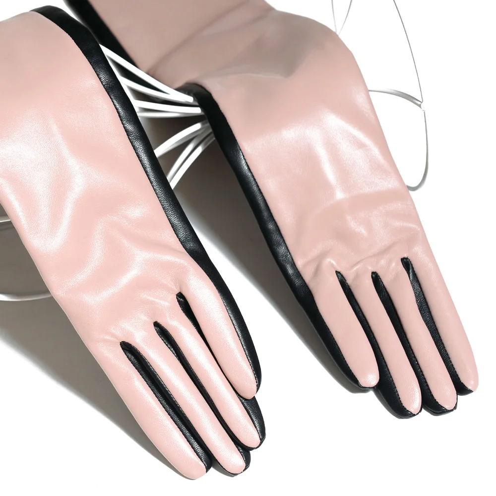 Winter Women Genuine Leather Contrast Color 40/50 cm Long Gloves Female Pink/Black Opera Evening Luva Mujer Street Deri Gantlet