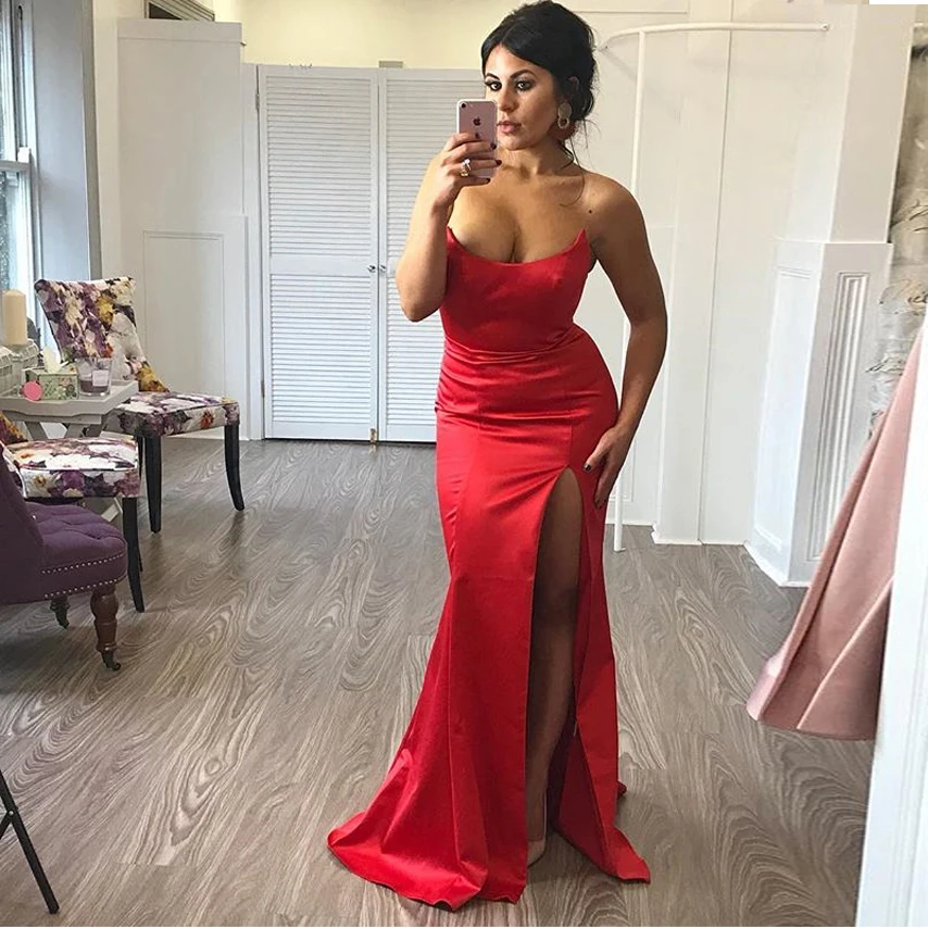 

Sexy Strapless Shiny Red Party Dress Split Front Bodycon Backless Long Dress Strapless Night Club Dresses