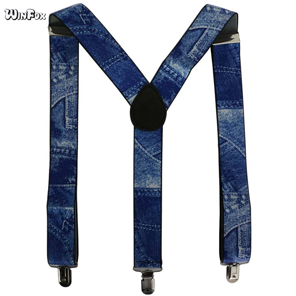 Winfox 3.5cm Wide Adustable Male Suspenders Belts 3 Clips Denim Blue Elastic Braces For Mens Suspender