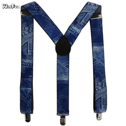 Winfox 3.5cm Wide Adustable Male Suspenders Belts 3 Clips Denim Blue Elastic Braces For Mens Suspender