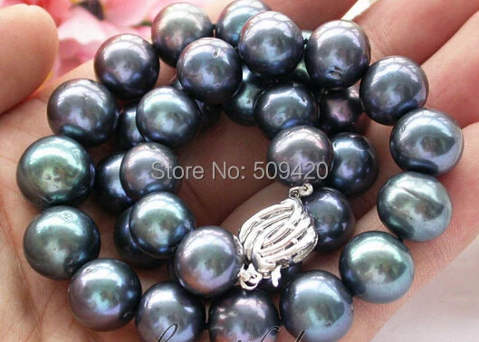 

Free Shipping HUGE REAL 17" 11-12mm ROUND peacock black PEARL NECKLACE