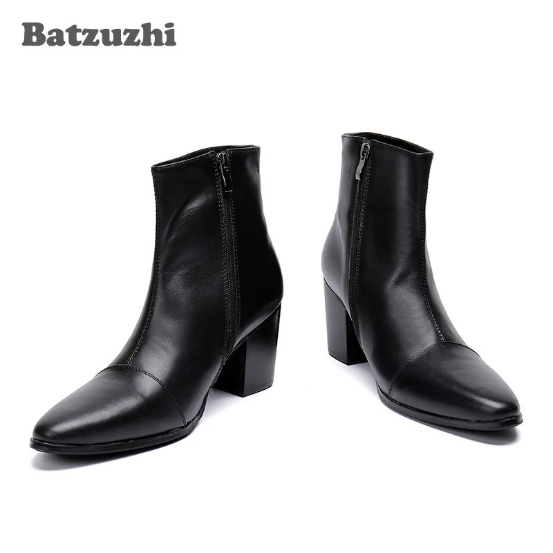 Batzuzhi Botas para Hombre, Botas de tacón alto de 7CM de cuero genuino, Botas de caballero negras hasta el tobillo para Hombre, Botas bonitas para