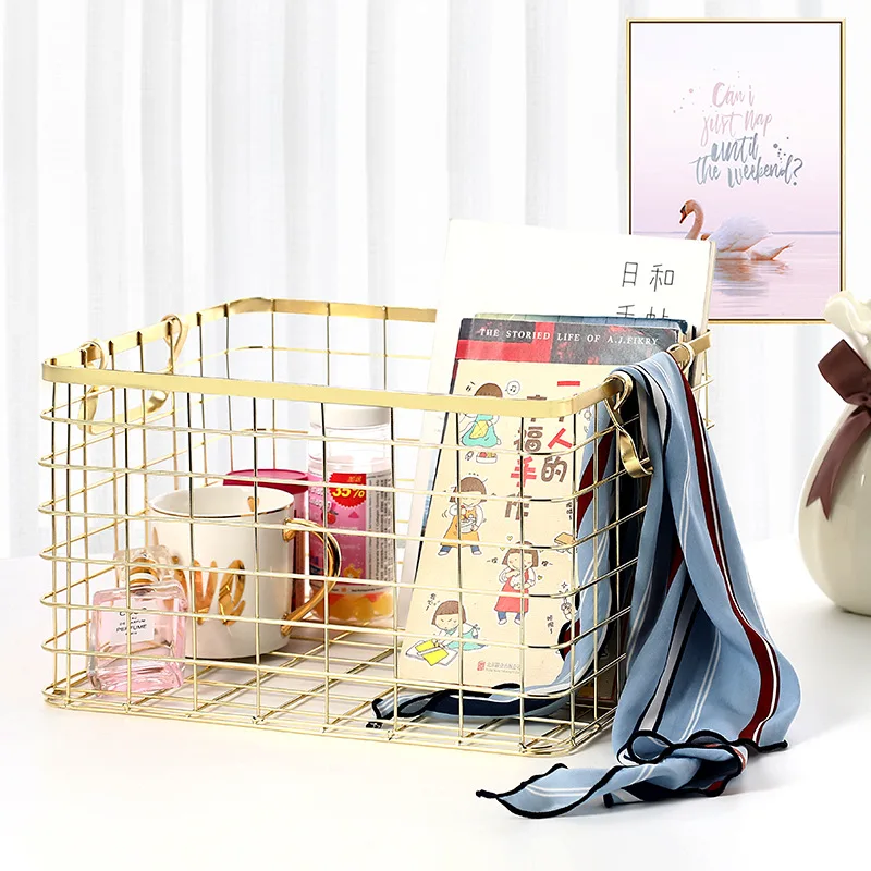 Metal Rose Gold Storage Basket Vogue Chic Nordic Hand-made Iron Net Table Shelves Basket Bath Clothes Cosmetics Storage Basket