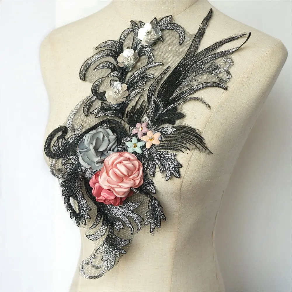 40CM Black Fabric 3D Flowers Roses Rhinestone Sequins Appliques Lace Trims Embroidery Mesh Sew On Patches For Wedding Decoration image 2