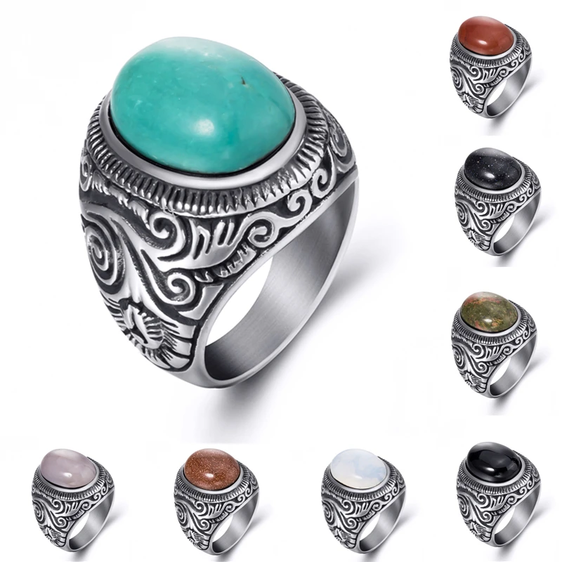 

Men's Women's Natural Oval Turquoises Black Onyx Stainless Steel Ring Wholesale Jewelry Plus Size 8-15