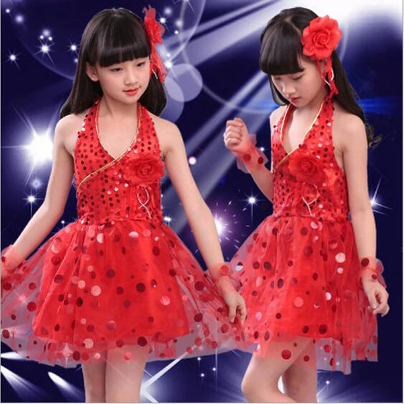 6 colors Veil Girl Latin Dancewear Children Sequin Latin Dresses Students Flower Modern Stage Dancing Costumes Size 100-150cm