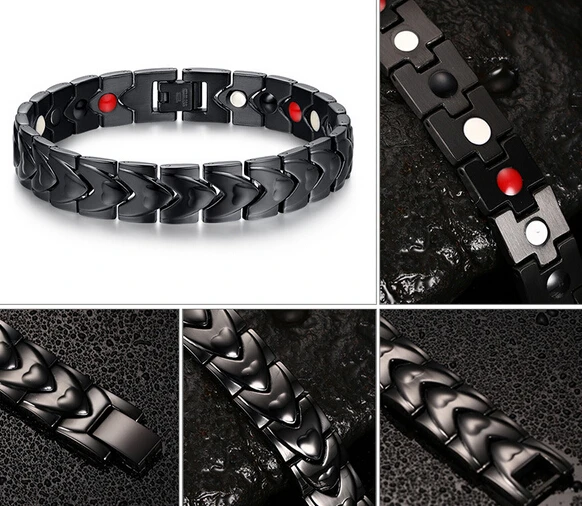 Stainless steel Health care magnet Bracelet Heart  Link Chain Germanium stone 10mm 8.5''