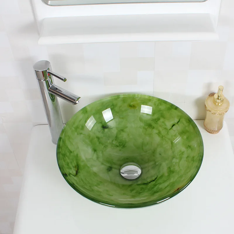 GLASS BASIN SINK WASH BOWL VESSEL green BATHROOM CLOAKROOM COUNTERTOP 42CM with TAP