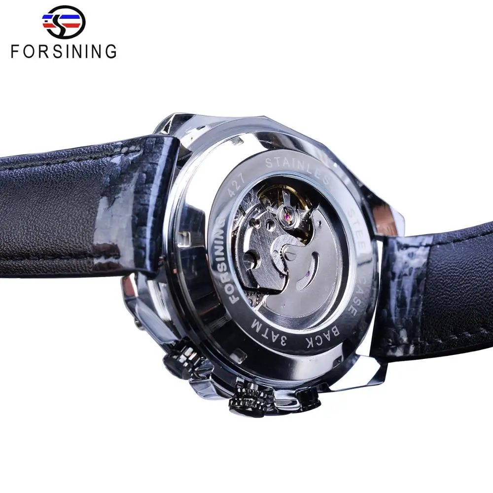 Forsining Automatic Mens Watch Red Pointer Mechanical Date Stainless Steel Genuine Black Leather Sport Timing Waterproof Watches