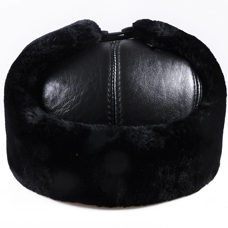 2024 new genuine leather men cap hat high quality men\'s real leather adult solid adjustable hats caps warm fur earmuffer caps