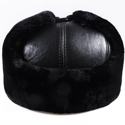 2024 new genuine leather men cap hat high quality men's real leather adult solid adjustable hats caps warm fur earmuffer caps