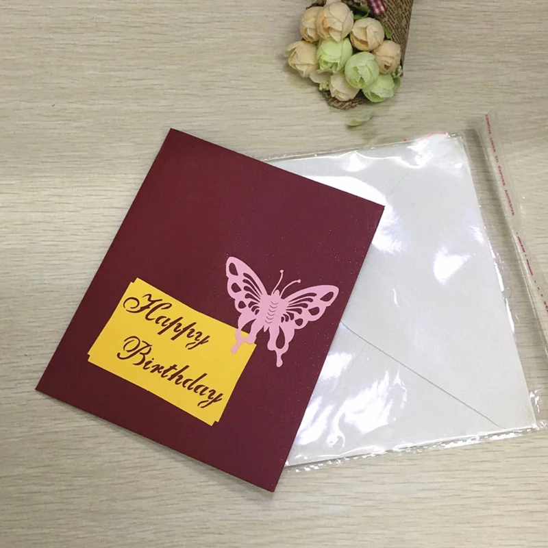 1pcs Laser Cut Handmade Birthday Cake 3D Pop Up Greeting Card Postcard Gift Cards With Envelope Baby Shower Birthday Supplies