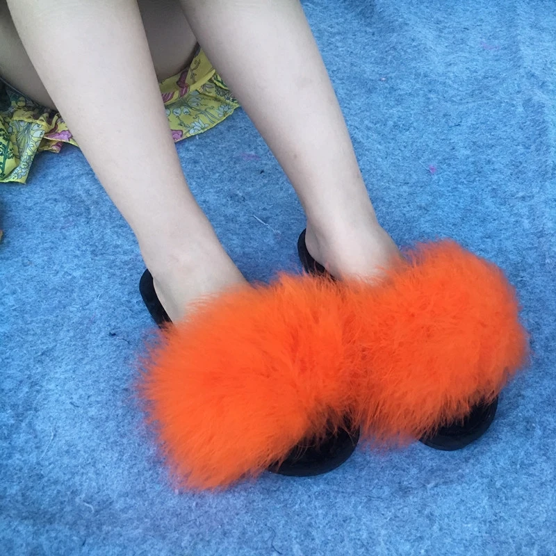 colorful Fur Flip Flops Women Sweet Platform Wedges warm sole Ostrich Feathers Slippers Summer Platform Thongs Beach Slippers