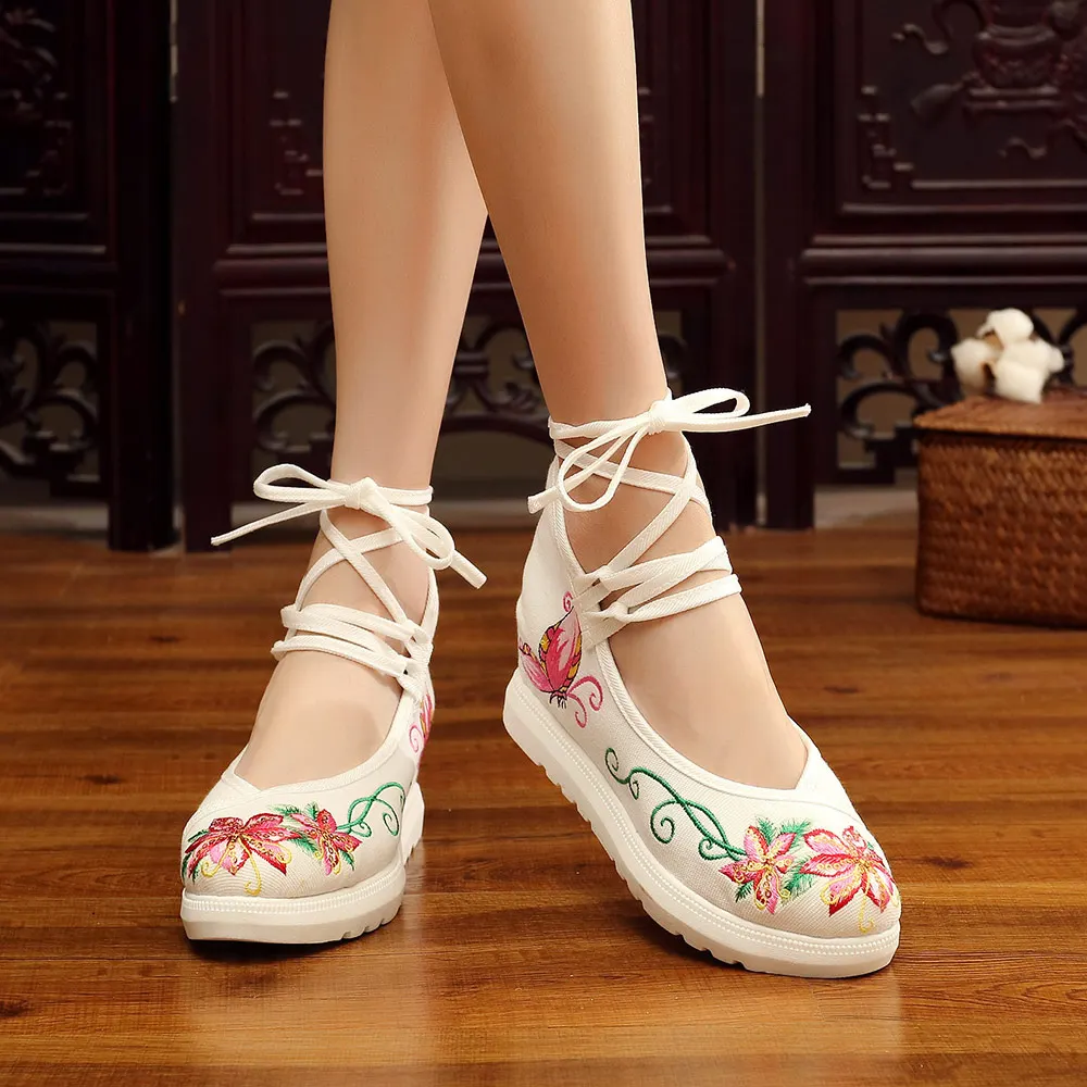 Veowalk Bees Embroidered Women Canvas Flat Platforms Long Ankle Strap Retro Ladies Casual Thick Bottom Shoes zapatos mujer