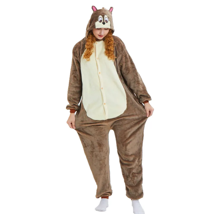 Women Flannel Kigurumi Chipmunk Animal Onesies Pajamas Halloween Carnival Masquerade Party Cosplay Costume