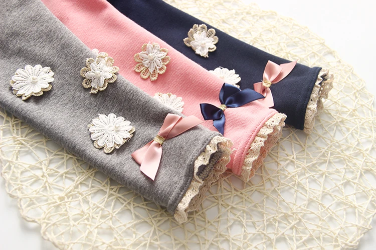 Spring Autumn 2-10 Year Kids Cotton Gray Blue Full Length Capri With Bow Flower Lace Patchwork Baby Girl Leggings Children