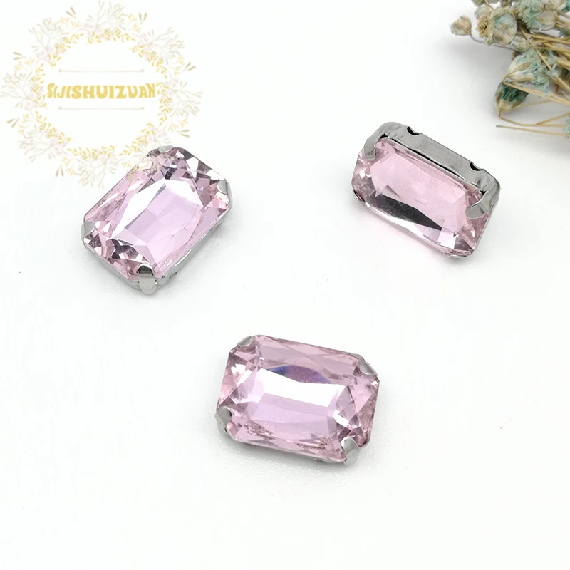 Pink Rectangle Shape Glass Rhinestones With Silver Claw Sew On Crystal Stone Strass Diamond Metal Base Buckle For Clothes